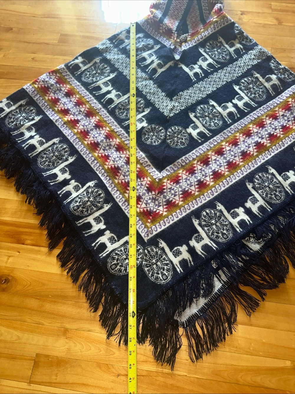 Hooded Llama Alpaca Print Poncho Cape Fringe Southwestern Boho One Size - Picture 9 of 10